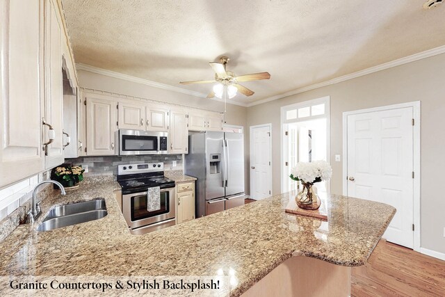 kitchen with sink, ornamental molding, appliances with stainless steel finishes, kitchen peninsula, and light stone countertops