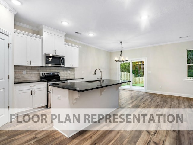 kitchen featuring visible vents, dark countertops, a sink, stainless steel appliances, and backsplash