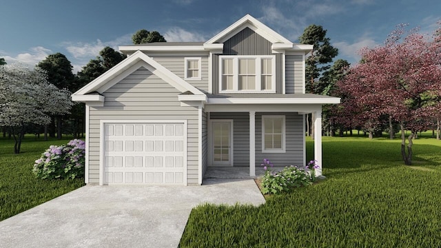 view of front of property featuring an attached garage, covered porch, a front lawn, and board and batten siding