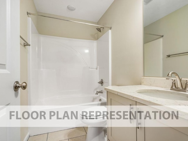 full bath with tile patterned flooring, vanity, toilet, and shower / bathtub combination
