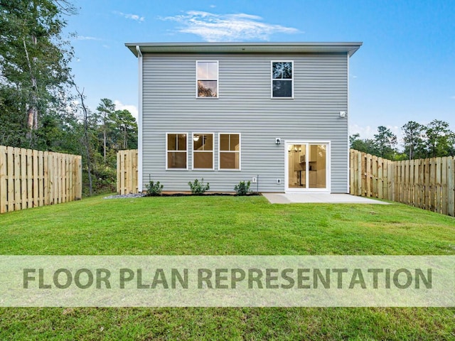 rear view of house with a patio area, a fenced backyard, and a yard