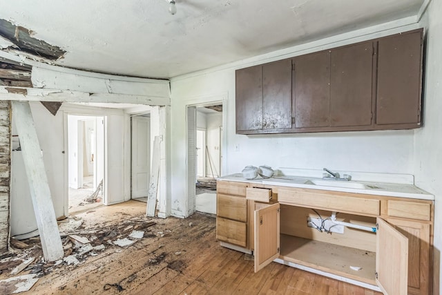 1843 Blairs Ln, Augusta, GA 30904 - kitchen with dark brown cabinetry, a sink, light wood-style flooring, and light countertops