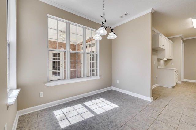 unfurnished dining area featuring baseboards, visible vents, crown molding, and light tile patterned flooring