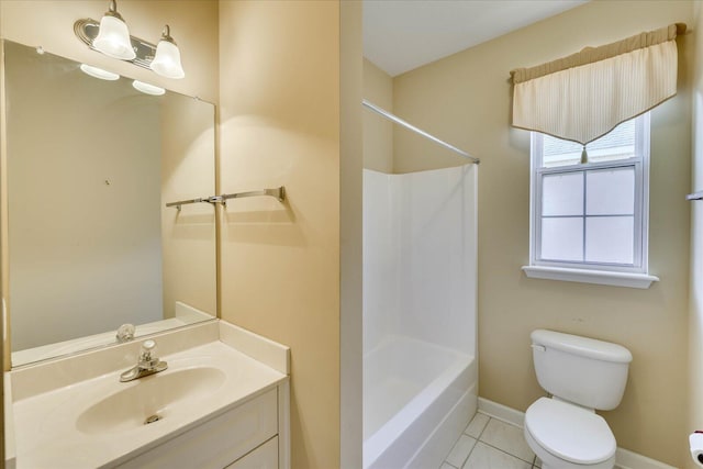 full bath with baseboards, vanity, toilet, and tile patterned floors