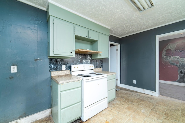 kitchen featuring backsplash, crown molding, white electric range oven, and a textured ceiling