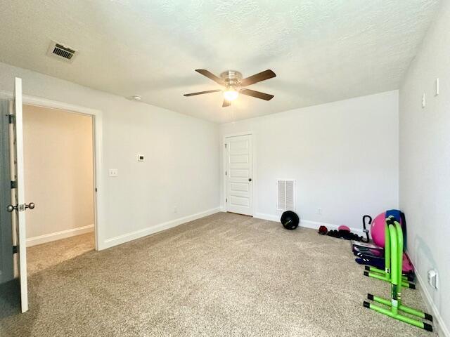 interior space featuring carpet flooring, ceiling fan, and a textured ceiling