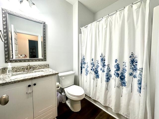 bathroom featuring a shower with shower curtain, hardwood / wood-style floors, vanity, and toilet