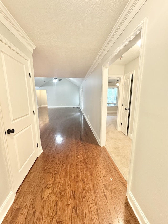 1026 Barrett Dr, Evans, GA 30809 - hallway with wood finished floors, a textured ceiling, vaulted ceiling, and crown molding