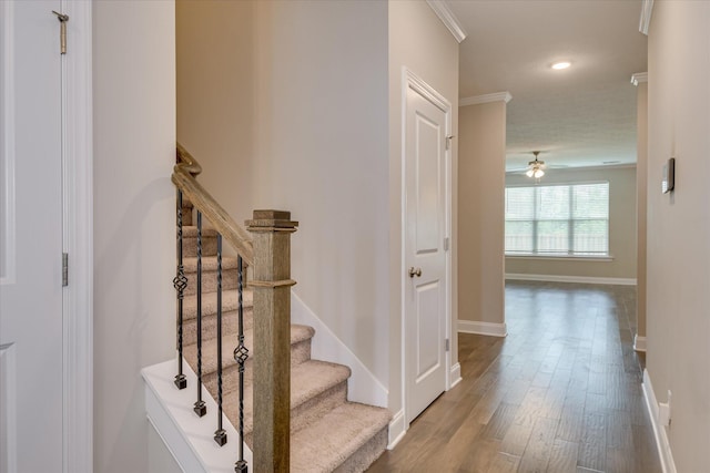 3109 Lobella Dr, Grovetown, GA 30813 - stairs with wood finished floors, ceiling fan, baseboards, crown molding, and recessed lighting