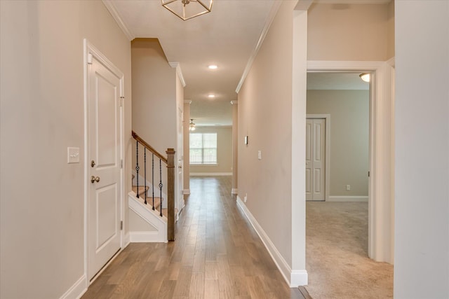 3109 Lobella Dr, Grovetown, GA 30813 - corridor with wood finished floors, crown molding, stairway, baseboards, and recessed lighting