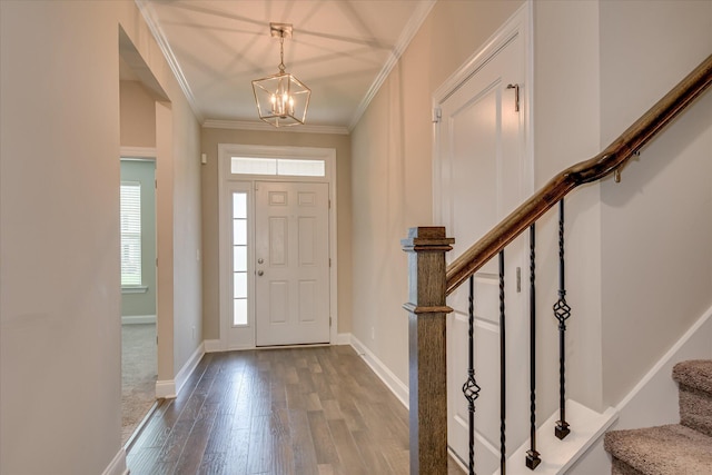 3109 Lobella Dr, Grovetown, GA 30813 - foyer featuring stairway, a chandelier, hardwood / wood-style floors, crown molding, and baseboards