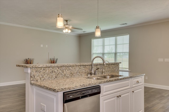 3109 Lobella Dr, Grovetown, GA 30813 - kitchen with stainless steel dishwasher, a sink, wood finished floors, a kitchen island with sink, and baseboards