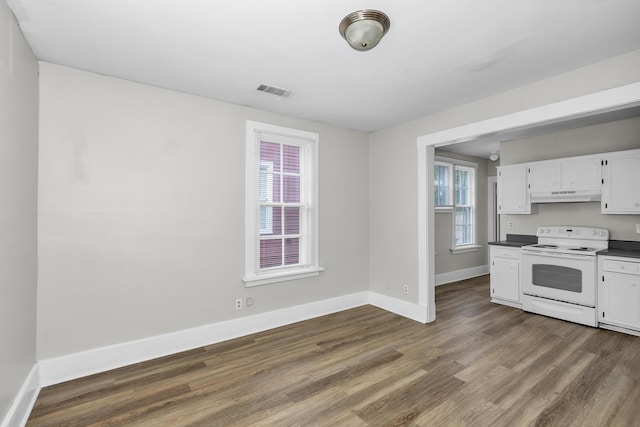 209 Ellis St, Augusta, GA 30901 - kitchen featuring white range with electric cooktop, under cabinet range hood, white cabinets, and dark wood finished floors