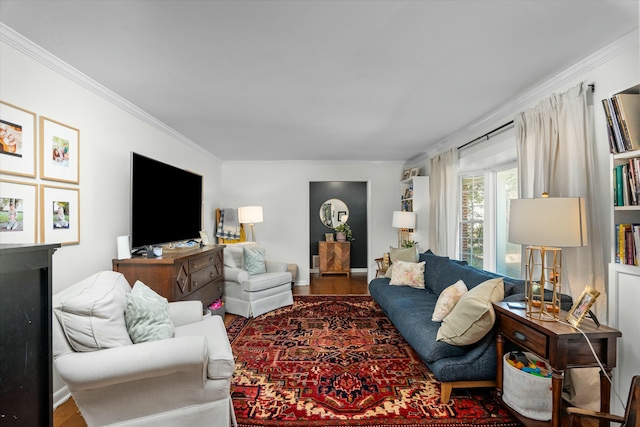 living room with hardwood / wood-style floors and crown molding