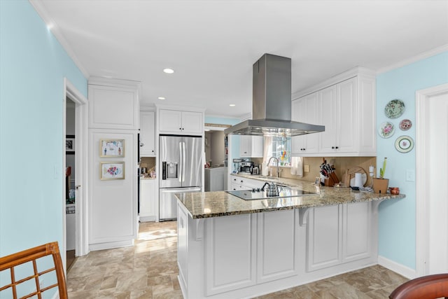 kitchen with stainless steel refrigerator with ice dispenser, island exhaust hood, white cabinets, and kitchen peninsula