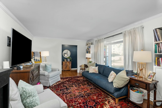 living room with crown molding and dark wood-type flooring