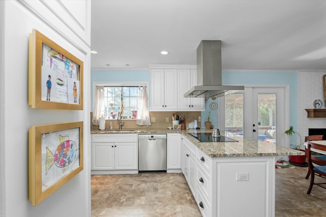 kitchen featuring island range hood, white cabinetry, dishwasher, sink, and kitchen peninsula