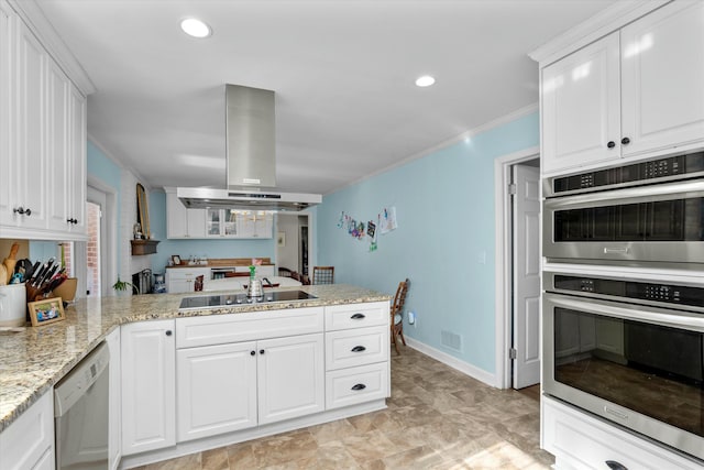 kitchen featuring appliances with stainless steel finishes, kitchen peninsula, white cabinets, and island exhaust hood