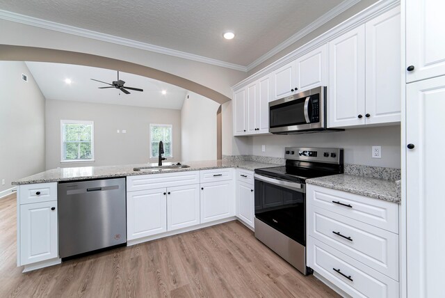 645 Jet Pass, Beech Island, SC 29842 - kitchen featuring appliances with stainless steel finishes, a sink, light wood finished floors, a peninsula, and crown molding