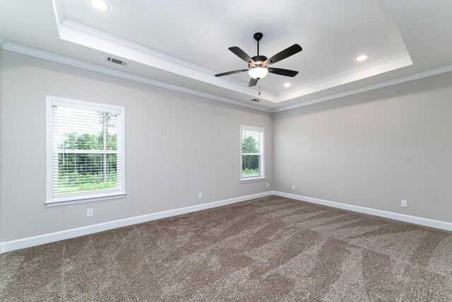 645 Jet Pass, Beech Island, SC 29842 - unfurnished room featuring a raised ceiling, ornamental molding, a ceiling fan, dark carpet, and recessed lighting