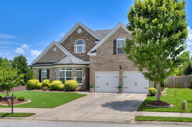 view of front facade with a front yard and a garage