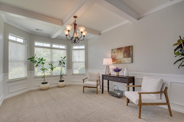 sitting room featuring beam ceiling, coffered ceiling, a notable chandelier, crown molding, and carpet