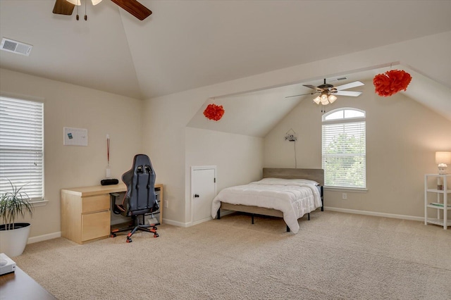 bedroom with light carpet, ceiling fan, and lofted ceiling