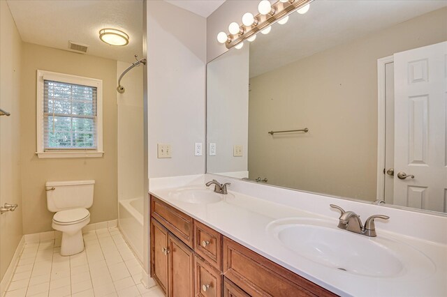 3696 El Cordero Ranch Springs Rd, Augusta, GA 30907 - full bath featuring tile patterned flooring, toilet, double vanity, baseboards, and shower / bathtub combination