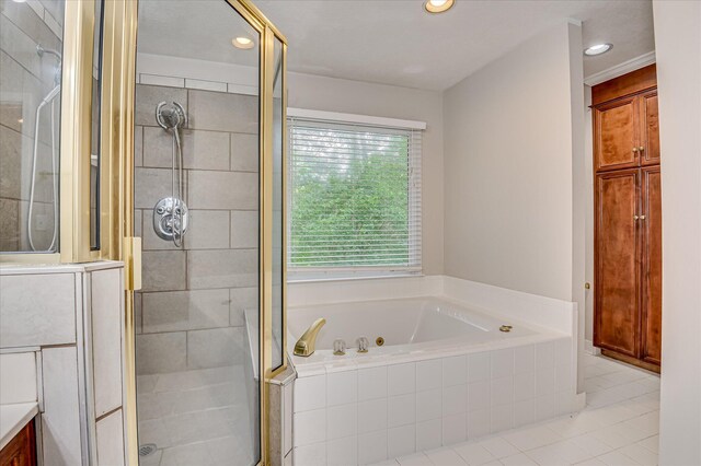 3696 El Cordero Ranch Springs Rd, Augusta, GA 30907 - full bath featuring a stall shower, tile patterned floors, a whirlpool tub, vanity, and recessed lighting