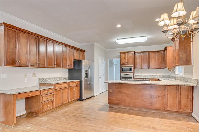 3696 El Cordero Ranch Springs Rd, Augusta, GA 30907 - kitchen featuring appliances with stainless steel finishes, a sink, ornamental molding, light wood-style flooring, and a peninsula