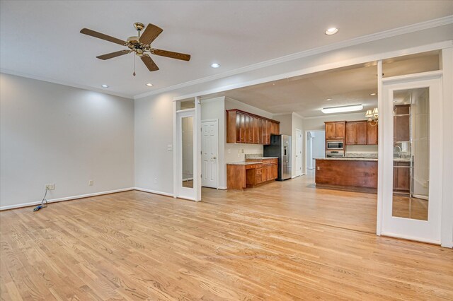 3696 El Cordero Ranch Springs Rd, Augusta, GA 30907 - unfurnished living room featuring light wood finished floors, ornamental molding, a ceiling fan, baseboards, and recessed lighting