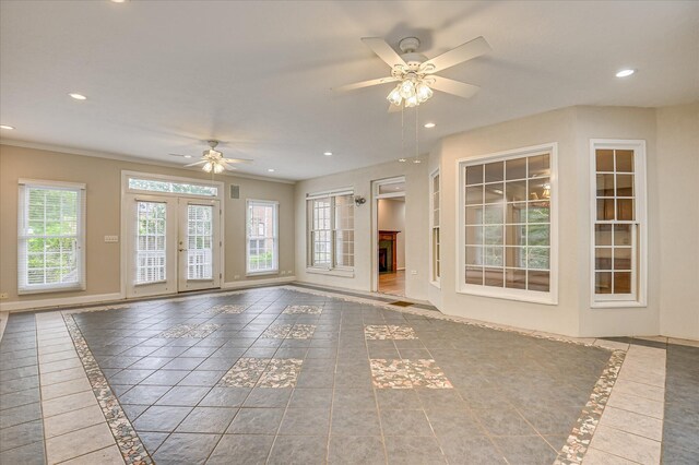 3696 El Cordero Ranch Springs Rd, Augusta, GA 30907 - unfurnished living room with inlaid floor details, a ceiling fan, french doors, recessed lighting, and baseboards