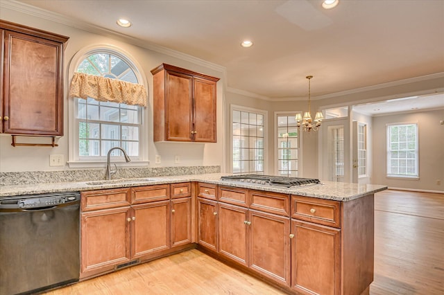 3696 El Cordero Ranch Springs Rd, Augusta, GA 30907 - kitchen featuring black dishwasher, a sink, stainless steel gas cooktop, a peninsula, and light wood finished floors
