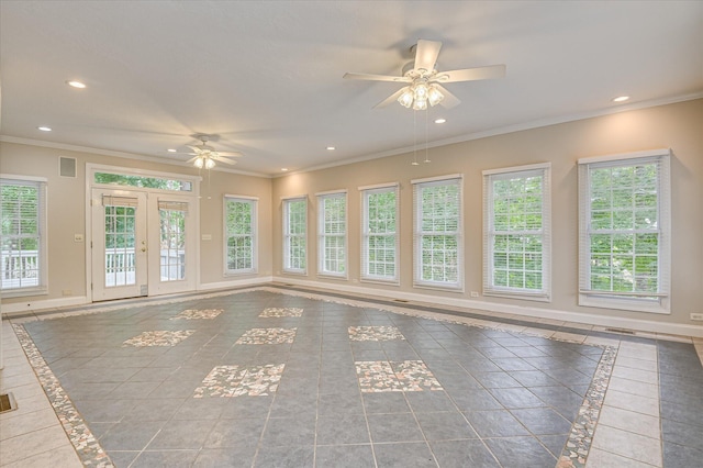 3696 El Cordero Ranch Springs Rd, Augusta, GA 30907 - tiled spare room with inlaid floor details, a ceiling fan, recessed lighting, crown molding, and baseboards