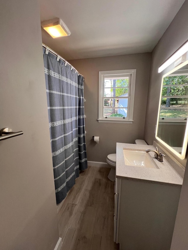 bathroom with wood-type flooring, vanity, toilet, and a shower with curtain