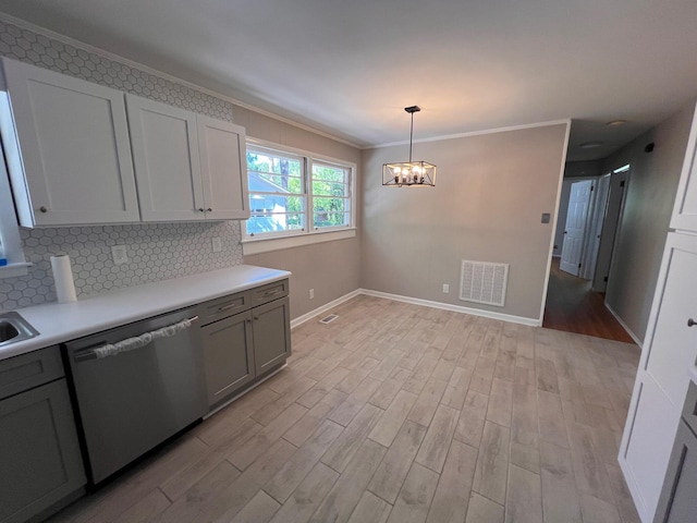 kitchen with dishwasher, light hardwood / wood-style floors, hanging light fixtures, and crown molding