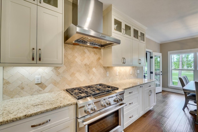 137 Elgin Ln, Mccormick, SC 29835 - kitchen featuring wall chimney exhaust hood, stainless steel stove, dark wood-style flooring, light stone counters, and ornamental molding