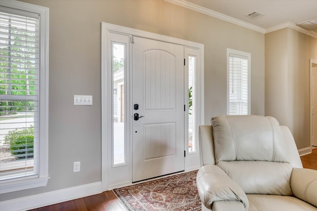 137 Elgin Ln, Mccormick, SC 29835 - entrance foyer featuring baseboards, dark wood-style flooring, crown molding, and visible vents
