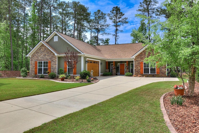 137 Elgin Ln, Mccormick, SC 29835 - craftsman house with stone siding, an attached garage, concrete driveway, a shingled roof, and a front lawn