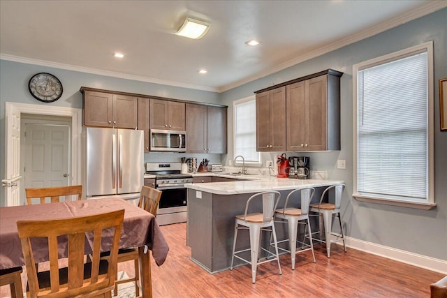 kitchen with crown molding, sink, light hardwood / wood-style flooring, kitchen peninsula, and stainless steel appliances