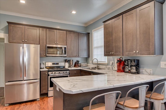 kitchen with sink, ornamental molding, appliances with stainless steel finishes, light hardwood / wood-style floors, and kitchen peninsula