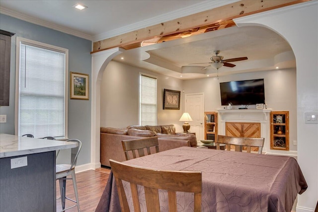 dining space with hardwood / wood-style flooring, a raised ceiling, ceiling fan, and ornamental molding