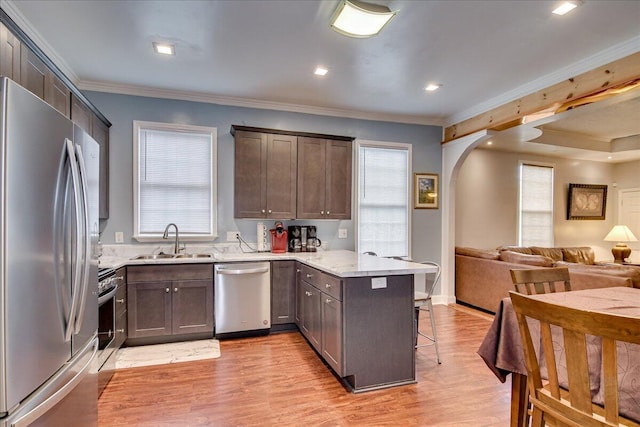 kitchen with sink, stainless steel appliances, a kitchen breakfast bar, kitchen peninsula, and crown molding