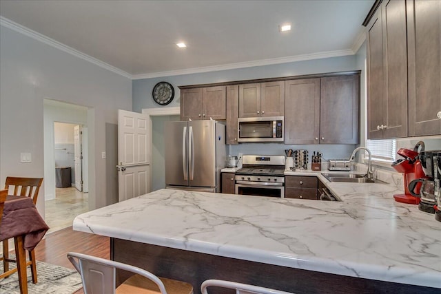 kitchen featuring kitchen peninsula, sink, ornamental molding, and stainless steel appliances
