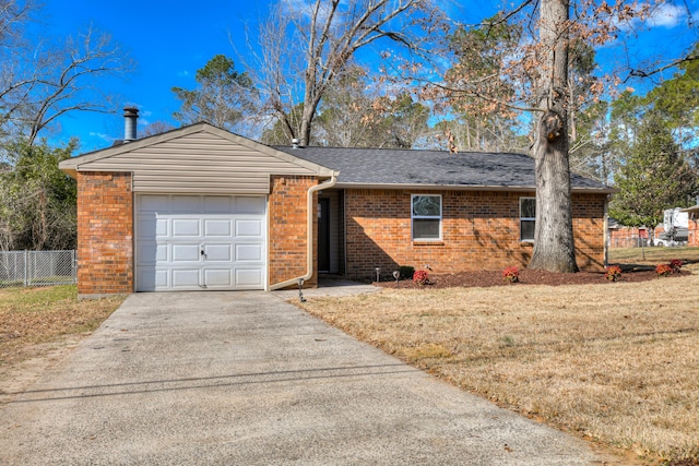 single story home with aphalt driveway, brick siding, a front yard, fence, and a garage