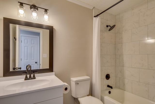 full bath featuring toilet, shower / tub combo, and vanity