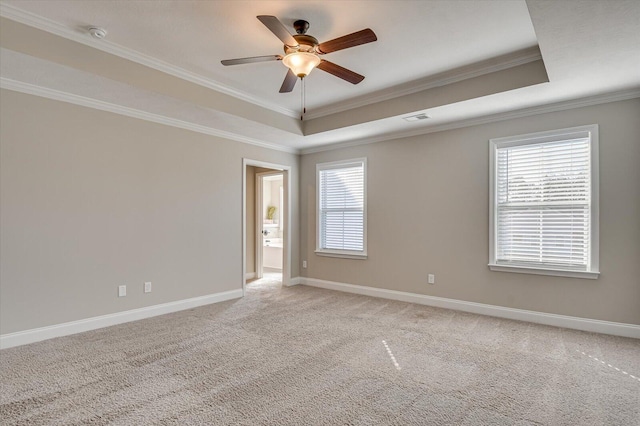 carpeted spare room featuring a wealth of natural light, ornamental molding, and a tray ceiling