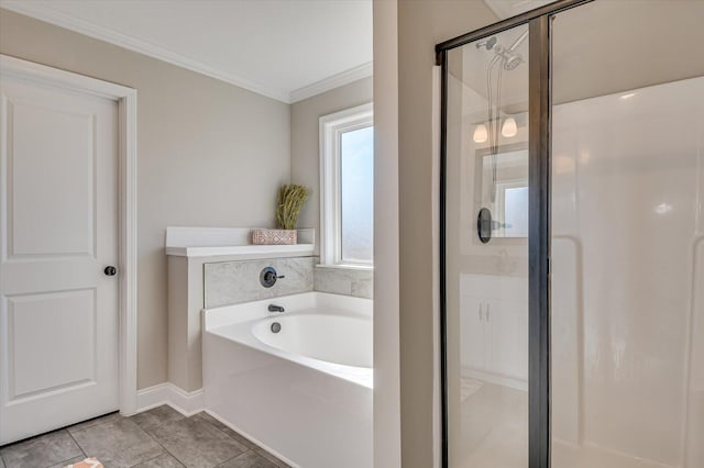 bathroom featuring independent shower and bath, ornamental molding, and tile patterned floors