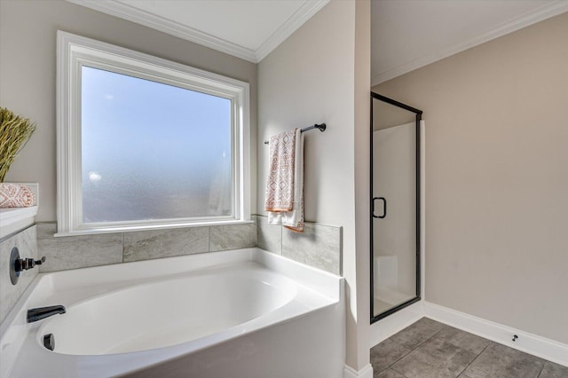 bathroom featuring tile patterned floors, ornamental molding, and plus walk in shower