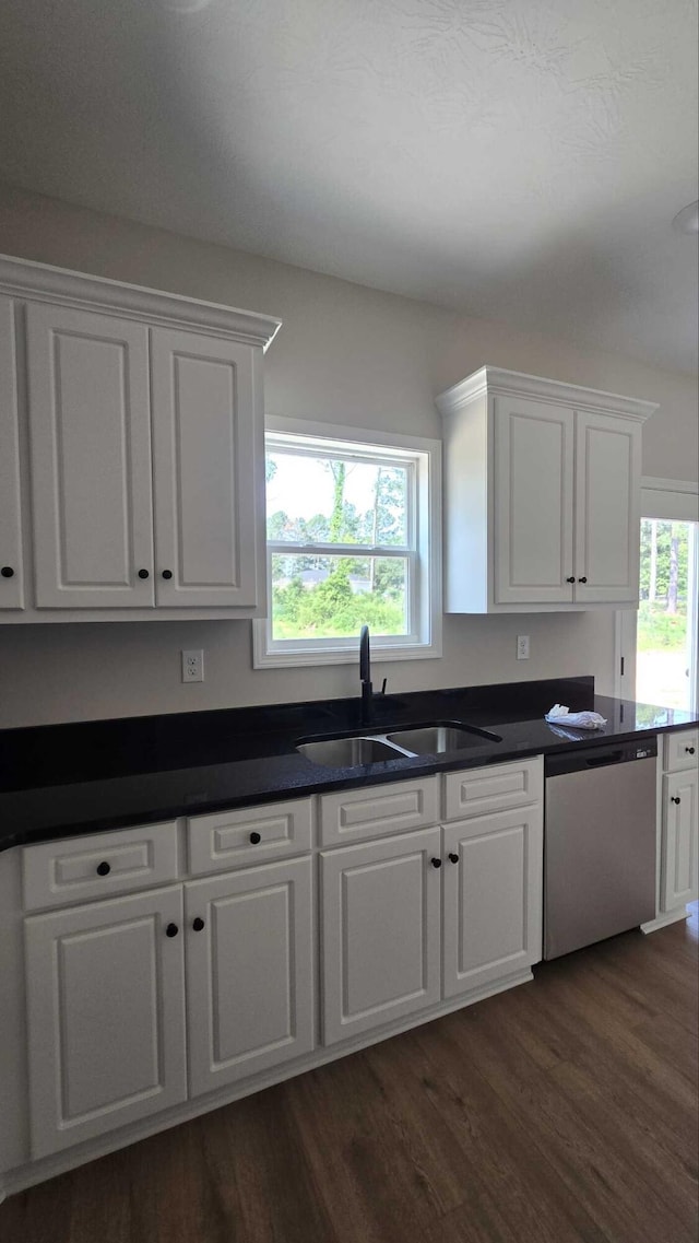 1759 Storm Branch Rd, Beech Island, SC 29842 - kitchen with dishwasher, white cabinetry, dark wood finished floors, and dark countertops